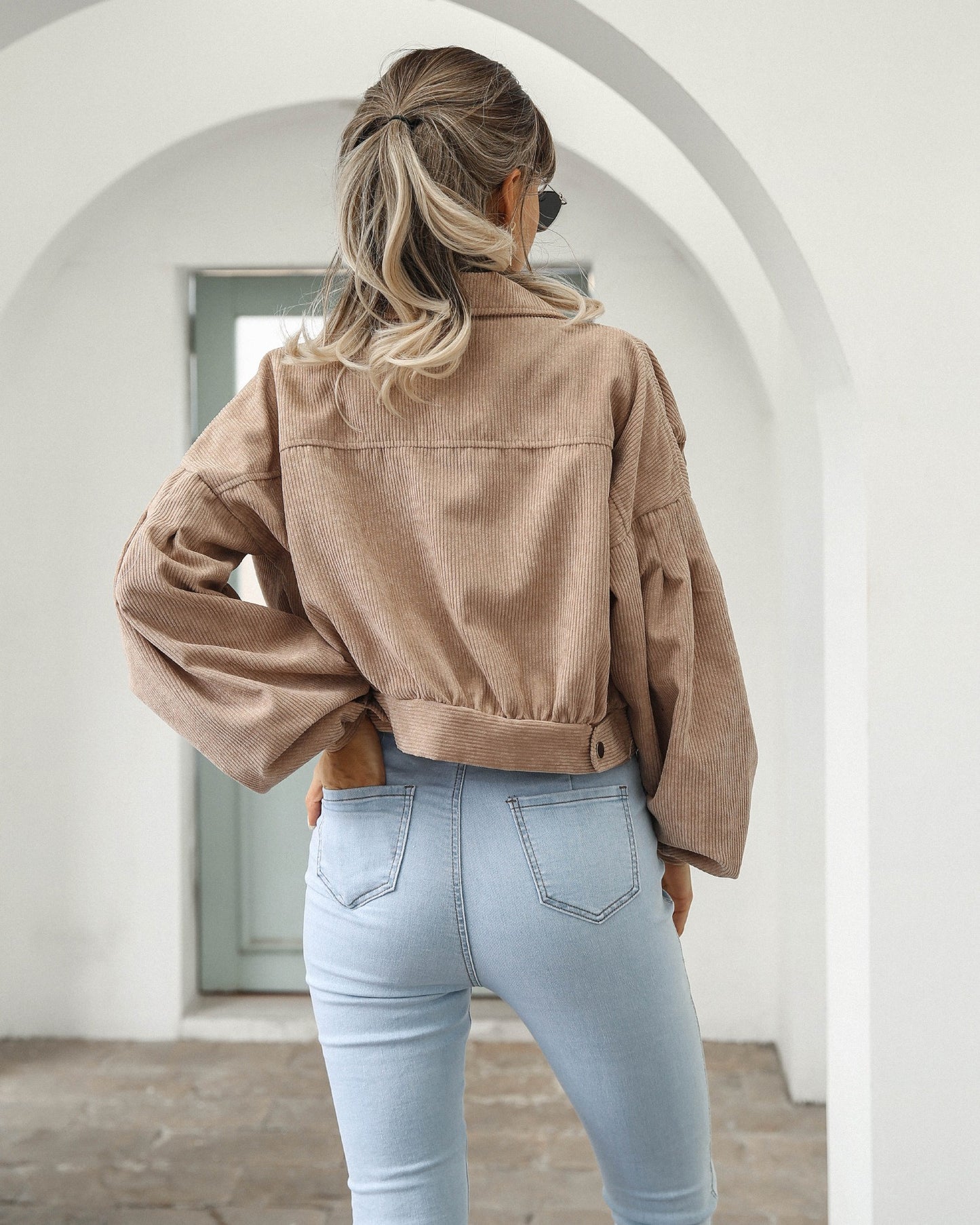 Cropped Corduroy Jacket with Lantern Sleeves