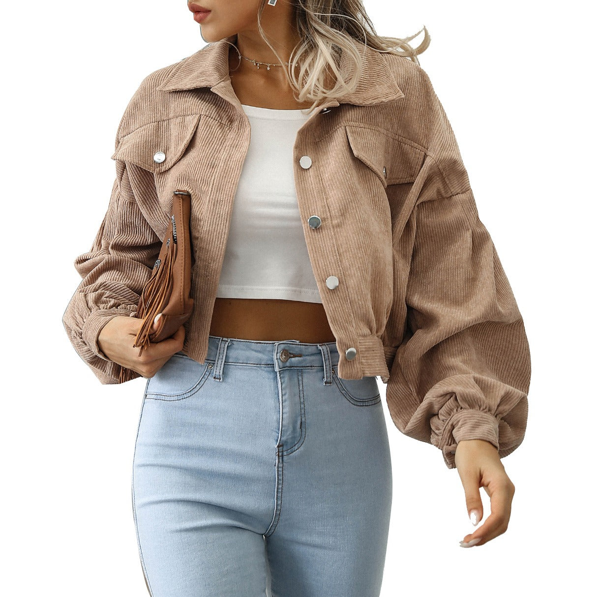 Cropped Corduroy Jacket with Lantern Sleeves