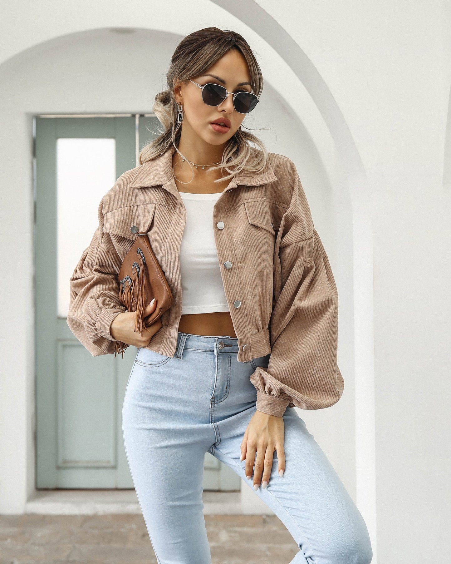 Cropped Corduroy Jacket with Lantern Sleeves