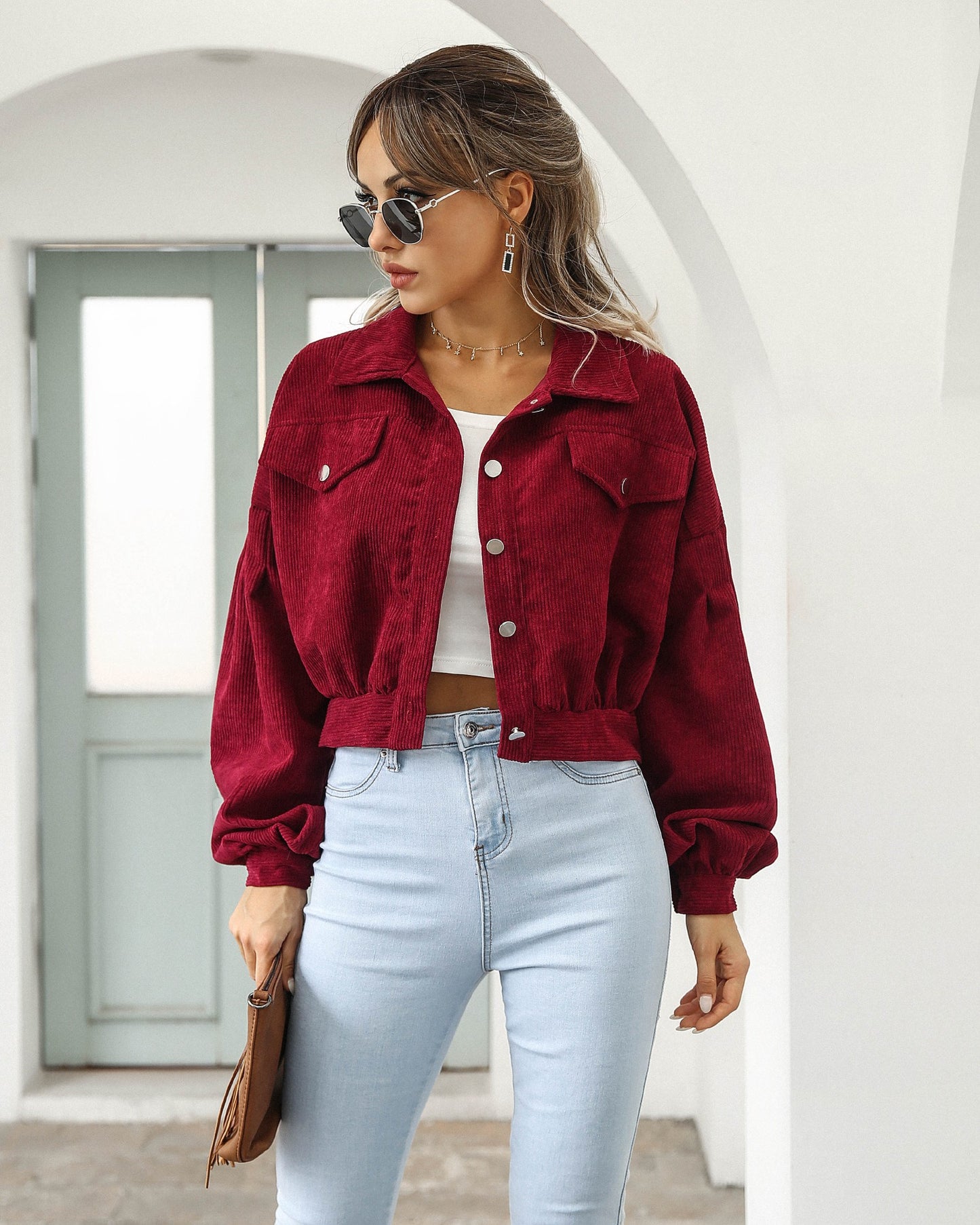 Cropped Corduroy Jacket with Lantern Sleeves